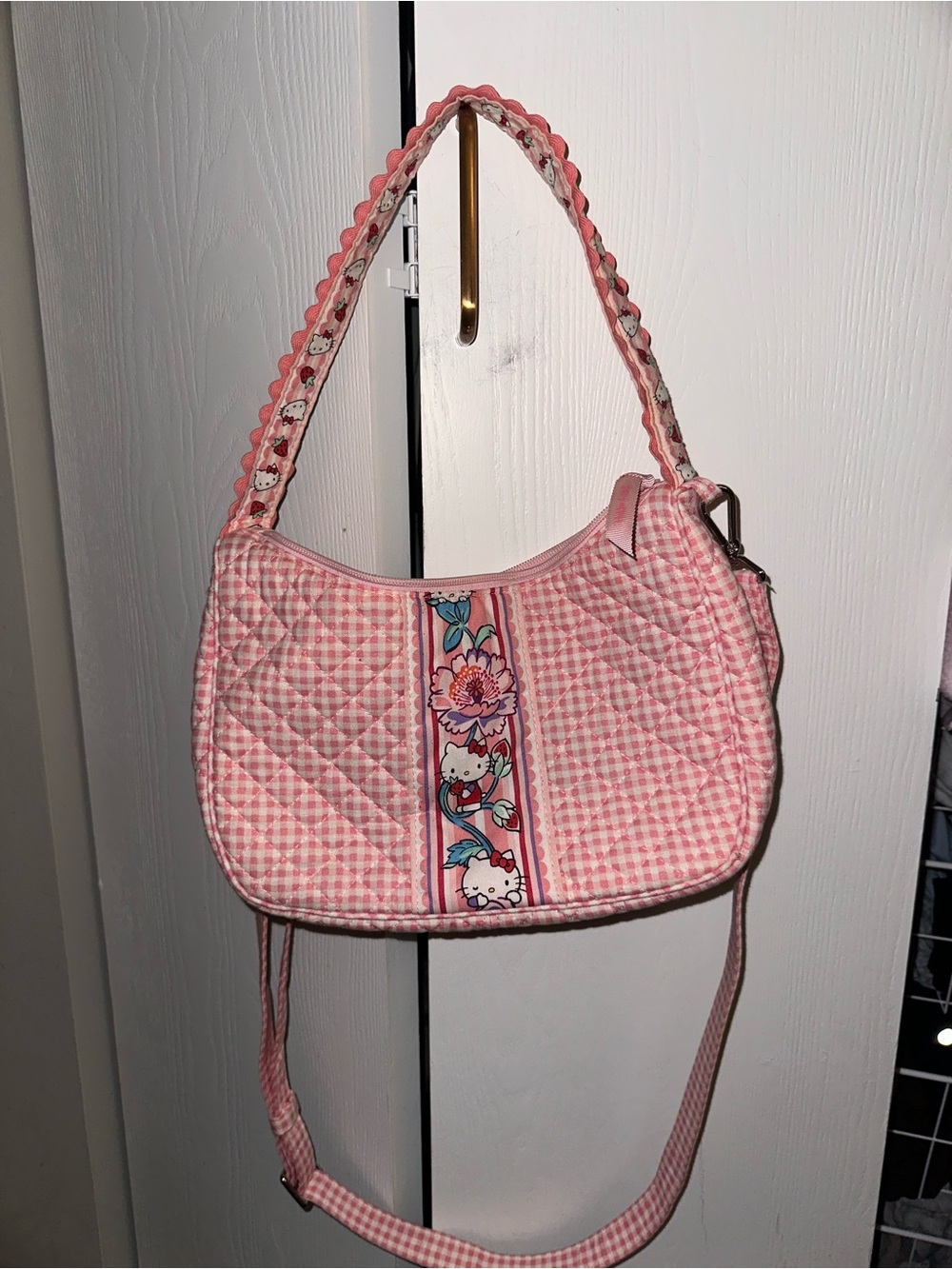 Vera Bradley Pink Quilted Gingham Shoulder Bag with Floral Hello Kitty Panel